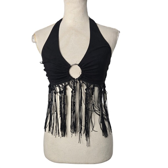 Windsor Tops - Windsor Black Halter Neck Western Cowgirl Fringe Ring Detail Crop Top‎ Size S